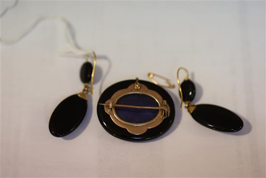 A suite of Victorian gold mounted black onyx and split pearl jewellery, comprising a brooch and pair of drop earring, brooch 39mm.